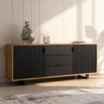 TV Unit Sideboard TV Stand Oak Black Fluted Storage Cabinet Drawers Unit 140cm
