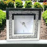 SERENA'S Square Crushed Diamante Mantle Clock Glass Mirrored Desk Table Clock El