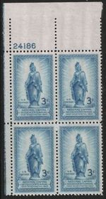 1950 Capitol Statue of Freedom Plate Block of 4 3c Stamps - MNH, OG - Sc# 989