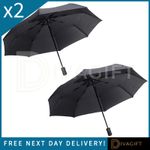 2 x BLACK UMBRELLA 8 RIB STRONG WINDPROOF OPEN CLOSE FOLDING COMPACT TRAVEL NEW