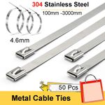 50 Pcs Stainless Steel 4.6mm Metal Cable Ties Zip Tie Wraps Exhaust 100mm-3000mm
