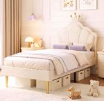 Aptliton Single Upholstered Bed Frame White Crown Headboard for Children