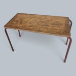 Vintage Industrial School Desk Coffee Table Red Tubular Steel & Patinated Wood