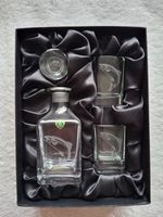 Burns Crystal Night Cap Set Leaping Salmon Engraved Decanter Stopper + 2 Glasses