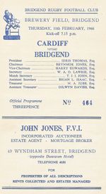 Bridgend v Cardiff 10 Feb 1966 RUGBY PROGRAMME
