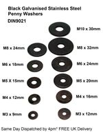 Black Stainless Steel Penny Washers M3 M4 M5 M6 M8 or M10 Galvanised Pack of 10 