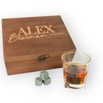 Personalised Whiskey Glass Set with Wooden Box, Ice Cubes, Bag and Tongs Gift