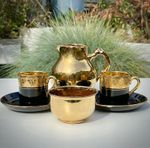 VINTAGE SEVRES G&S COFFEE SET BLACK & GOLD 2 x Cups & Saucers, Sugar Bowl, Jug 
