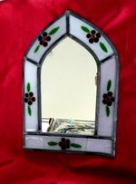 VINTAGE LEADED STAINED GLASS ARCH MIRROR (purple, green & white)