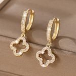 18K Gold Plated CZ Four Leaf Clover Drop Earrings Huggie Hoop Womens Jewellery