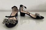 flore Women’s UK 3 Black Strappy Ankle Strap Block Heel Rhinestone Flower
