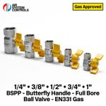 BSPP Ball Valve - EN331 Gas Approved - Yellow Winged Handle, Full Bore