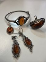 Vintage Baltic Natural Amber Jewelry Set - Large Ring Bangle & Dangle Earrings