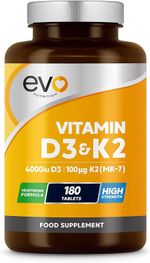 Vitamin D3 4000iu & Vitamin K2 100ug (MK7) |180 D K Vegetarian Tablets | 1-A-Day