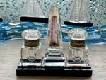 Vintage Crystal Cut & Jet / Hialite Glass Ink Wells Thermometer Desk Top Set