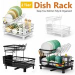 2 Tier Dish Drainer Holder Rack Cutlery Plate Racks Kitchen Sink with Drip Tray