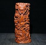 7" Collect China Box-Wood Hand Carving Animal Dragon Grain Brush Pot Statue
