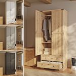 2 Door 2 Drawer Panelled Wardrobe w/ Oak Top Hanging Rail Freestanding Storage