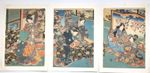 Toyokuni Woodblock print Triptych：Hanging out kimonos, Tales of Genji