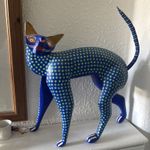 Handmade Oaxacan Pastel Blue Mexican Folk Art Wooden Shabby Cat Statue Ornament