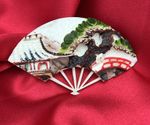 Antique 1930s Japanese Celluloid Fan Brooch Silver Pin Signed Art Deco Pagoda