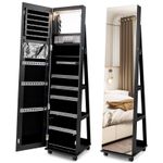 Full Length Mirrored Makeup Cabinet 360° Rotating Jewelry Armoire-Black
