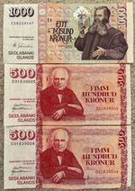 Iceland: 1000 Kronur banknote, 2 x 500 Kronur banknotes UNC condition. 2011. ISK