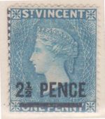 (F220-78)1885-91 St Vincent 2 1/2d O/P on 1d blue QVIC stamp( MH(CB)