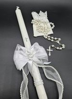 Christening candle 35 cm Gift Set. Pearl Rosary With Cross Baptism Gift Church