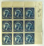 US STAMP SCOTT #565 AMERICAN INDIAN 14C BLOCK OF 9 W/CORNER SELVAGE MNH OG, 1923