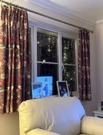 William Morris Crimson Strawberry Thief curtains (2 pr) and accessories. 