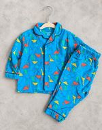 Blue Dinosaur Print Pajama Set Button Up Sleepwear Nightwear PJs 2 Piece 6-9 M