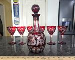 Vintage Bohemian ruby red cut- to- clear crystal decanter set with 6 glasses