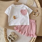 Baby Girl Summer White Love Tape T-shirt Pink Plaid Ruffled Shorts Two-piece Set