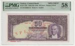 1938 SPECIMEN 50 TURKISH LIRA TURKEY PMG 58 CHOICE ABOUT UNC !!