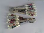6  Cake  forks and 6 Tea Spoons  FLORAL DESIGNS Ceramic handles REDUCED PRICE