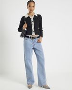 River Island Womens Peplum Top Black Knitted Collared Boucle Button Jumper