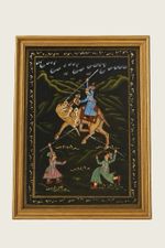 Vintage Arabian Hindu Fabric Painted Picture Camel Tiger 14.5” x 11”