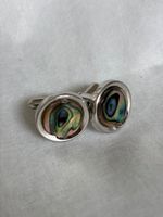 Vintage Sun Eagle Abalone Shell Cufflinks Silver Tone Round Japan Men's Jewelry