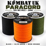 Kombat UK ParaCord 100 Metre Reel 3 Colours BLACK, OLIVE GREEN, NEON ORANGE