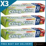 3 x CLING FILM FOR WRAPPING COVERING FOODS CLEAR WRAP 30CMx30M SEALAPACK EASYCUT