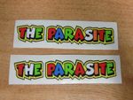 Valentino Rossi style text - "THE PARASITE"  x2 stickers / decals  - 5in x 1in