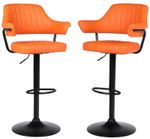 2 X PLUSH ORANGE BAR STOOLS GAS LIFT BREAKFAST KITCHEN BAR PADDED ARMS & BACK