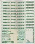 10xZimbabwe 25 Billion Dollars 2008. Good Used Condition