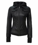 New Women's Black Bomber Jacket With Fleece Removable Hood For All Seasons