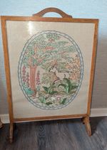Vintage  Oak Cross Stitch Fire Screen wood & Deer scene 1940s, 1950s 84 x 56 cm