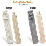 Long Hot Water Bottle With Fluffy Cover 2 Litre Extra Long, Cream/Grey