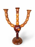 Large Vintage Brutalist Wood Turned 3 Flame Mid Century Chandelier