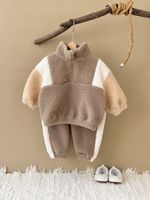 Winter Boys and Girls Color-block Thickened Lamb Velvet Suit Two-piece Outfit