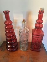Red Glass Bottles Bundle Decorative Quirky Home Decor Embossed Set Of 3